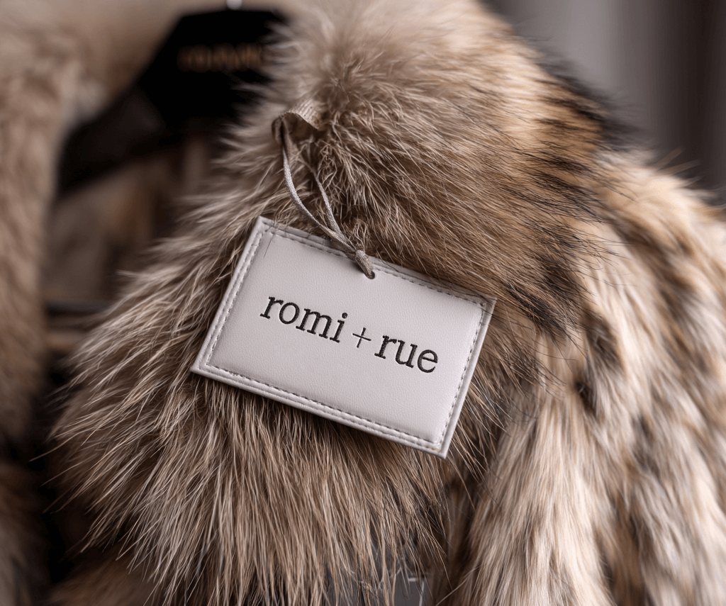 Fur coat with a 'romi + rue' tag on a blurred background